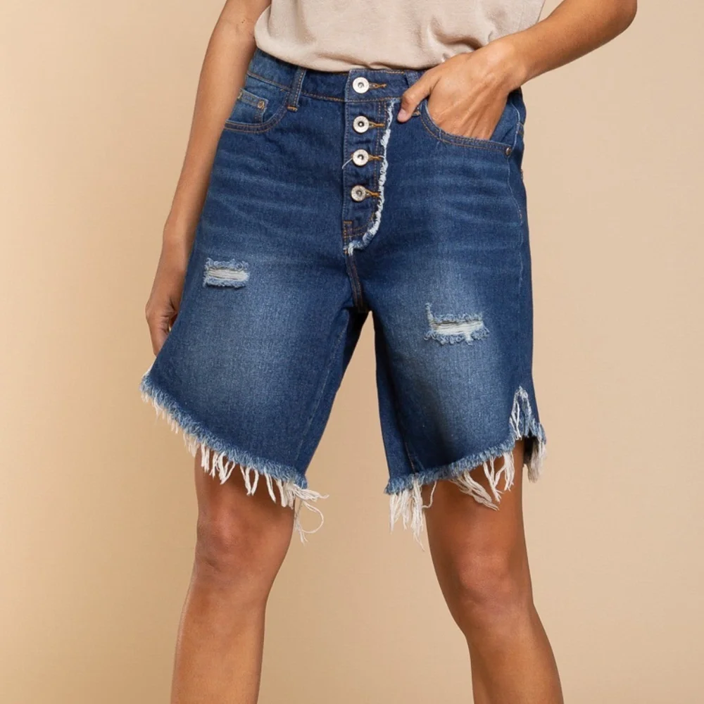 POL Dark Wash Frayed Hem Distressed Denim Jean Shorts
